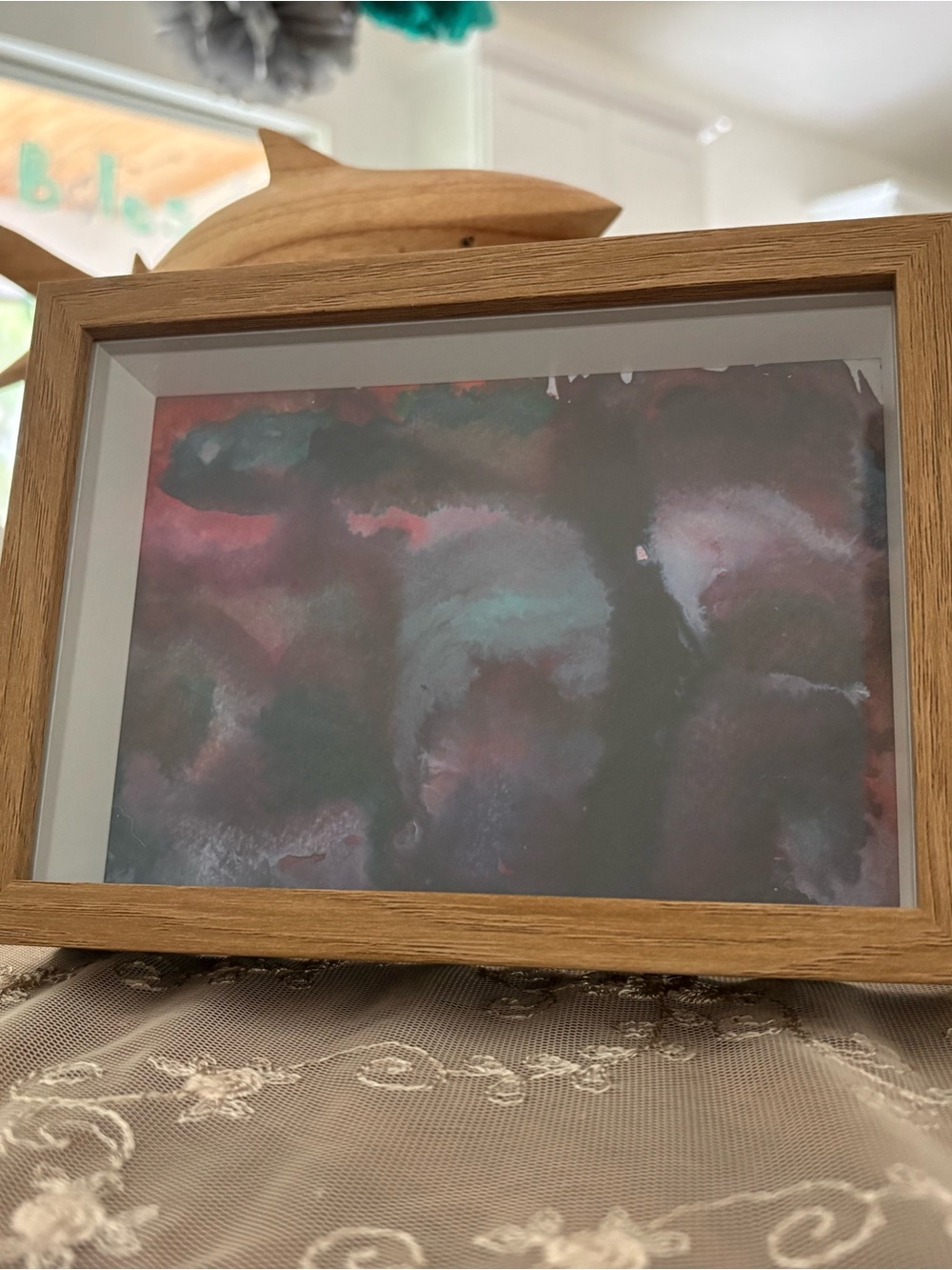 Moody Original Watercolor abstract Art in Oak Frame - Teal & Plum Hues